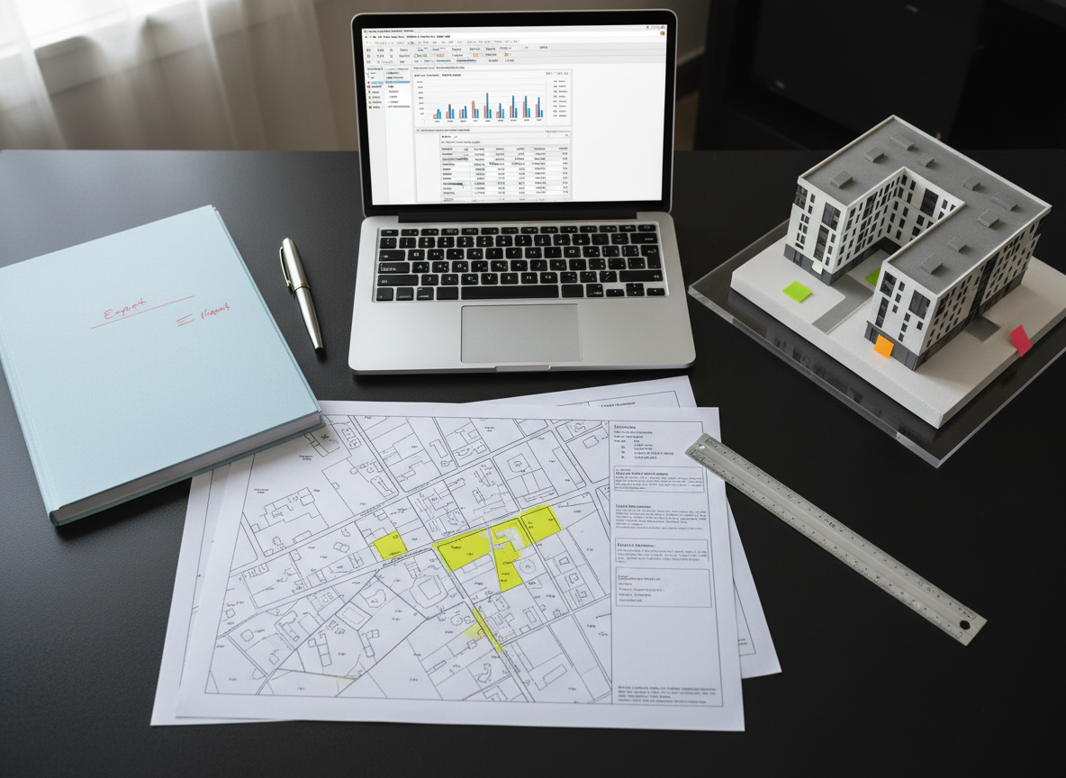 An overhead view of a meticulously organized workspace dedicated to judicial real estate appraisal: a large matte-black desk surface holding an open laptop with a valuation software interface, a thick printed expert report with discreet annotation marks, cadastral maps with highlighted parcels, and a high-quality metal fountain pen aligned precisely. A small architectural model of a mixed-use building sits on a clear acrylic base, surrounded by sticky markers and a precise steel ruler. Soft, indirect natural light from an unseen side window creates gentle gradients and subtle shadows, enhancing the textures of paper, metal, and plastic. The mood is calm, disciplined, and extremely professional. Photographic realism with a minimalist composition, captured from directly overhead, sharp focus across the entire frame, evoking rigorous, methodical analysis without any human presence.