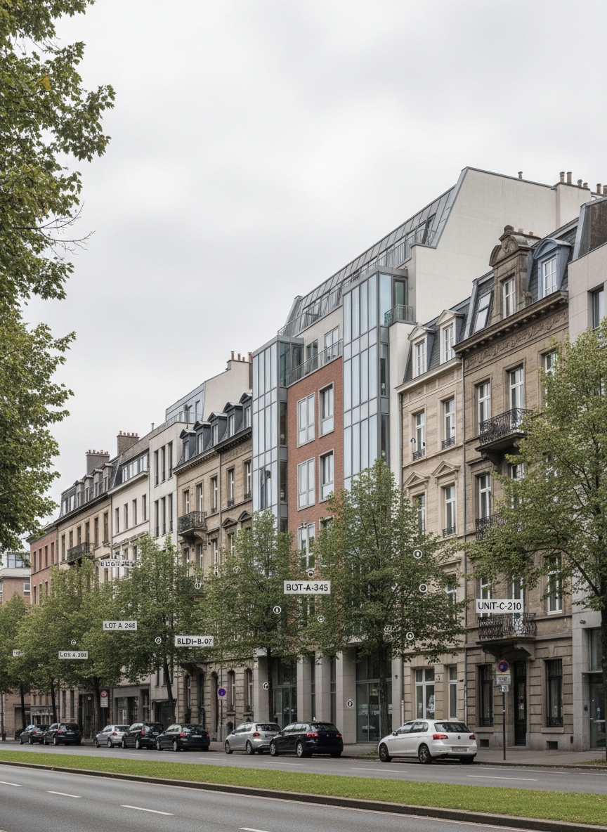 A detailed streetscape showing a row of mixed residential and commercial buildings under evaluation, captured from across a quiet, tree-lined boulevard. Facades vary from classic stone townhouses to modern glass-fronted offices, each subtly tagged with small surveyor markers and discrete reference numbers on unobtrusive boards, suggesting an ongoing judicial expertise process. Overcast daylight creates soft, neutral lighting with barely visible shadows, emphasizing architectural details over drama. Parked cars are minimal and slightly blurred, keeping focus on the buildings. The atmosphere is serious and documentary, aimed at objective observation. Photographic realism with a slightly elevated, telephoto perspective compressing the facades into a cohesive line, sharp focus throughout, reflecting the broad scope of real estate evaluation in an urban context without showing any people.