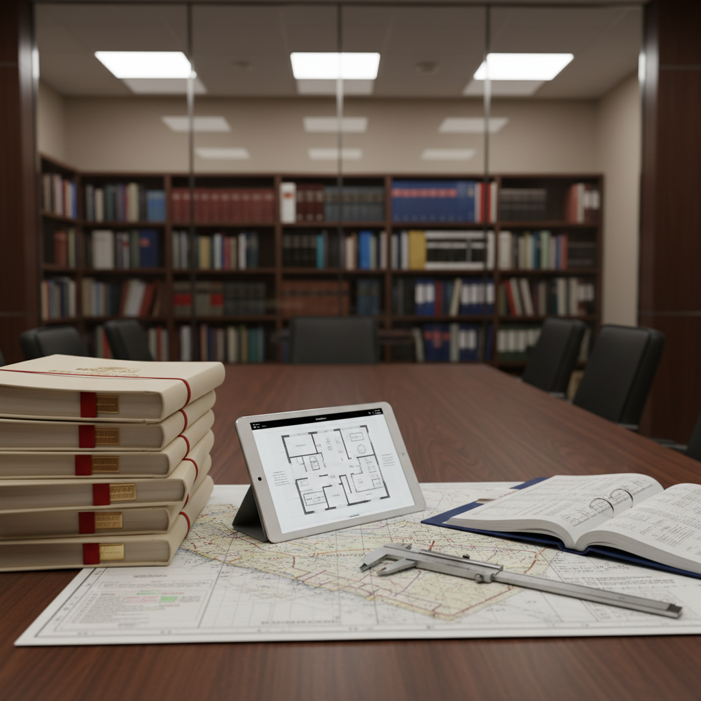A carefully staged conference table in a modern meeting room, covered with thick legal-style property dossiers, a bound expert report with visible but unreadable pages, a tablet showing a floor plan, and a precise metal caliper resting on a printed land registry map. Outside the glass walls, blurred shelves of law books and binders convey a judicial environment. Neutral wall tones and dark wood details create a sober setting. Overhead LED panel lighting delivers even, cool illumination, casting controlled shadows that accentuate textures of paper and leather. The atmosphere is methodical and objective. Captured from a slightly elevated angle using photographic realism, with the main documents placed on the rule of thirds lines for balanced composition, and a subtle depth of field separating the foreground evidence from the softer background.