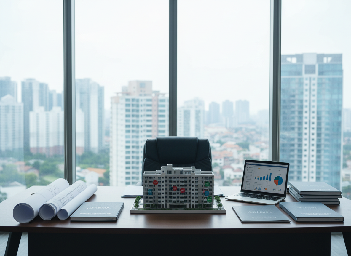 A spacious, contemporary office dedicated to property expertise, featuring a large dark-wood desk covered with detailed architectural blueprints, printed valuation reports, and a sleek silver laptop displaying complex charts. A precise metal scale model of an apartment building stands at the center, with small colored tags marking units for evaluation. Floor-to-ceiling windows reveal a blurred cityscape of varied residential and commercial buildings. Cool, diffused daylight enters the room, creating crisp reflections on glass and polished surfaces. The mood is serious, rigorous, and highly professional. Shot at eye level with a slight wide-angle lens, sharp focus throughout, emphasizing order and method. Photographic realism with a clean, modern aesthetic, no people present, suggesting impartial, independent judicial real estate expertise at work.