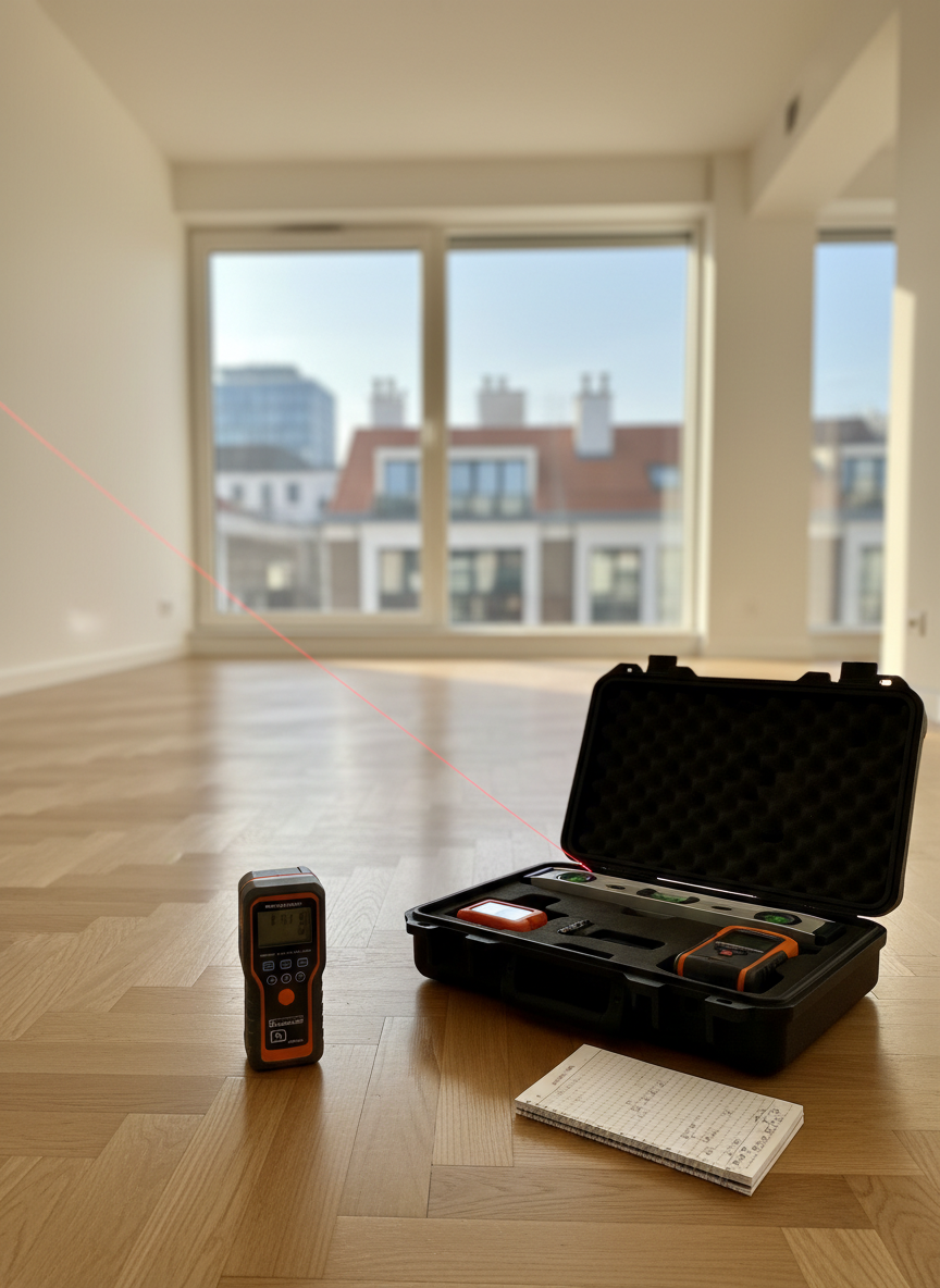 A bright inspection scene inside a high-end but empty apartment, with a digital laser distance measurer placed on a pristine oak parquet floor, its red beam extending toward a white wall. Nearby, an open hard-shell measuring case reveals a moisture meter, spirit level, and notebook filled with small, neat annotations. Large windows frame a distant city skyline with various rooftops and facades, softly blurred. Natural afternoon light floods the room, creating clean highlights on the instruments and faint reflections on the floor. The mood is precise and analytical, focused on objective evaluation of the property. Photographic realism, shot from a low, close perspective with shallow depth of field, emphasizing the measuring device in sharp focus while the apartment’s volumes recede softly in the background.